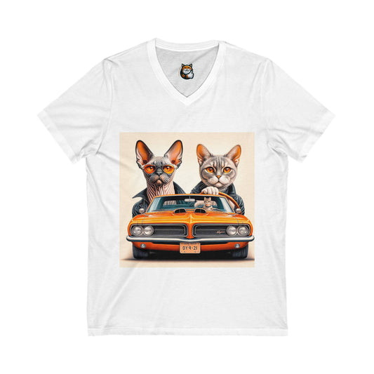 Wacky Devon Rex Couple driving  Unisex Jersey Short Sleeve V-Neck Tee
