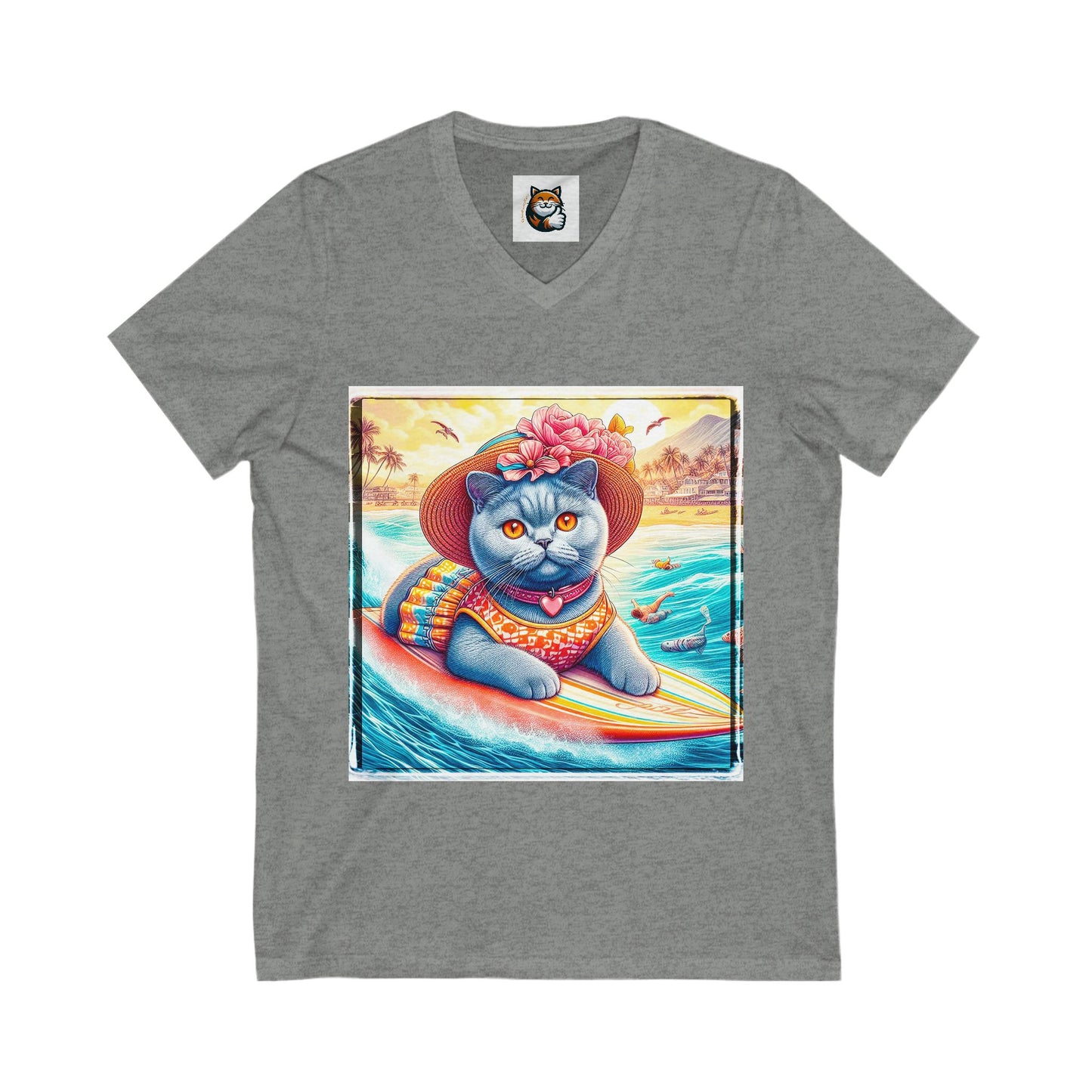 British Shorthair surfer Jersey Short Sleeve V-Neck Tee