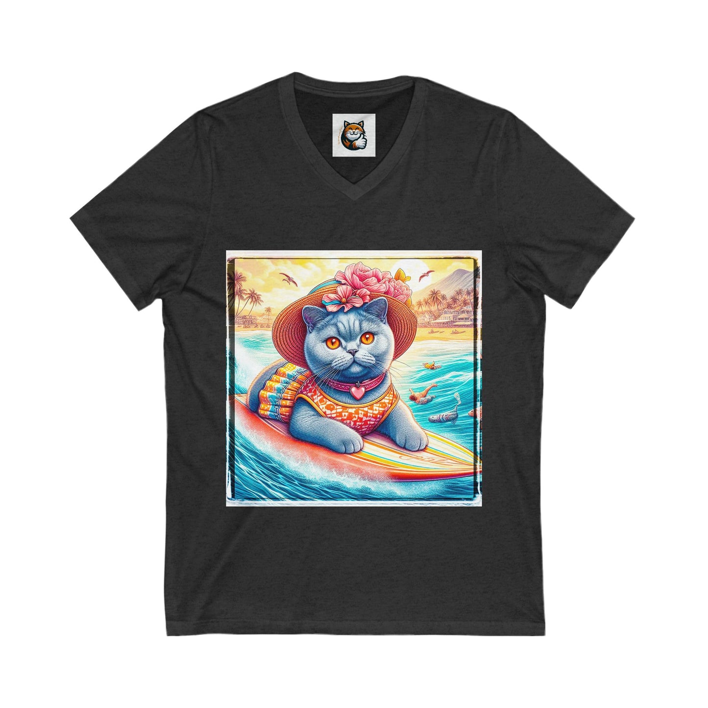 British Shorthair surfer Jersey Short Sleeve V-Neck Tee