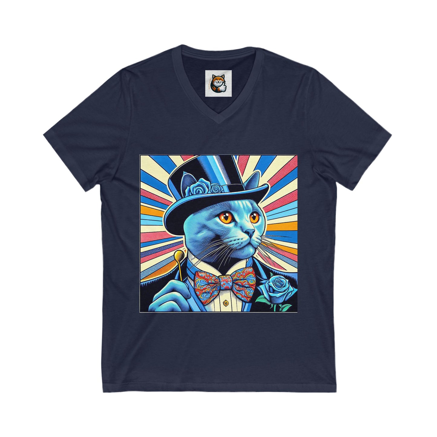 Russian Blue Cat top hat Cutie Short Sleeve V-Neck Tee