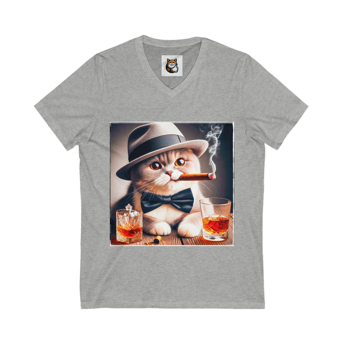 British Shorthair hat and bow tie Jersey Short Sleeve V-Neck Tee
