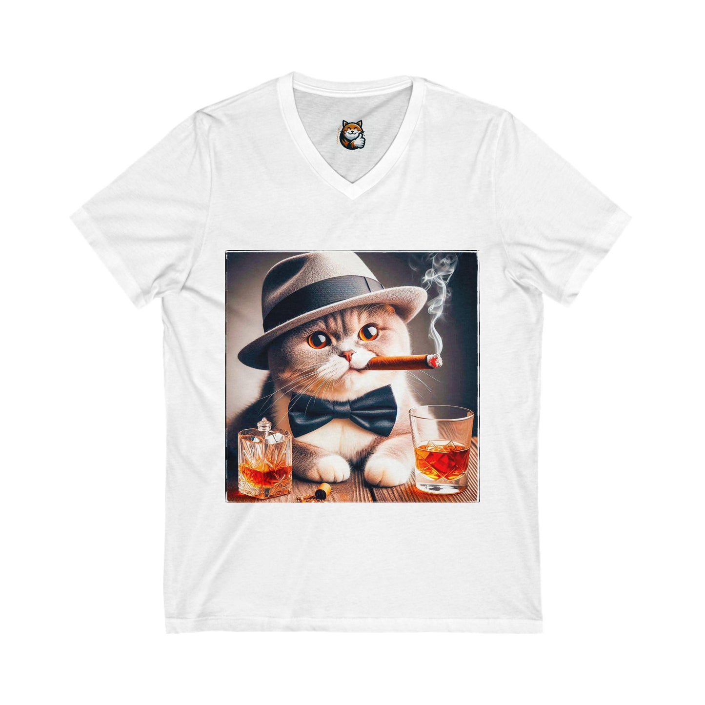 British Shorthair hat and bow tie Jersey Short Sleeve V-Neck Tee