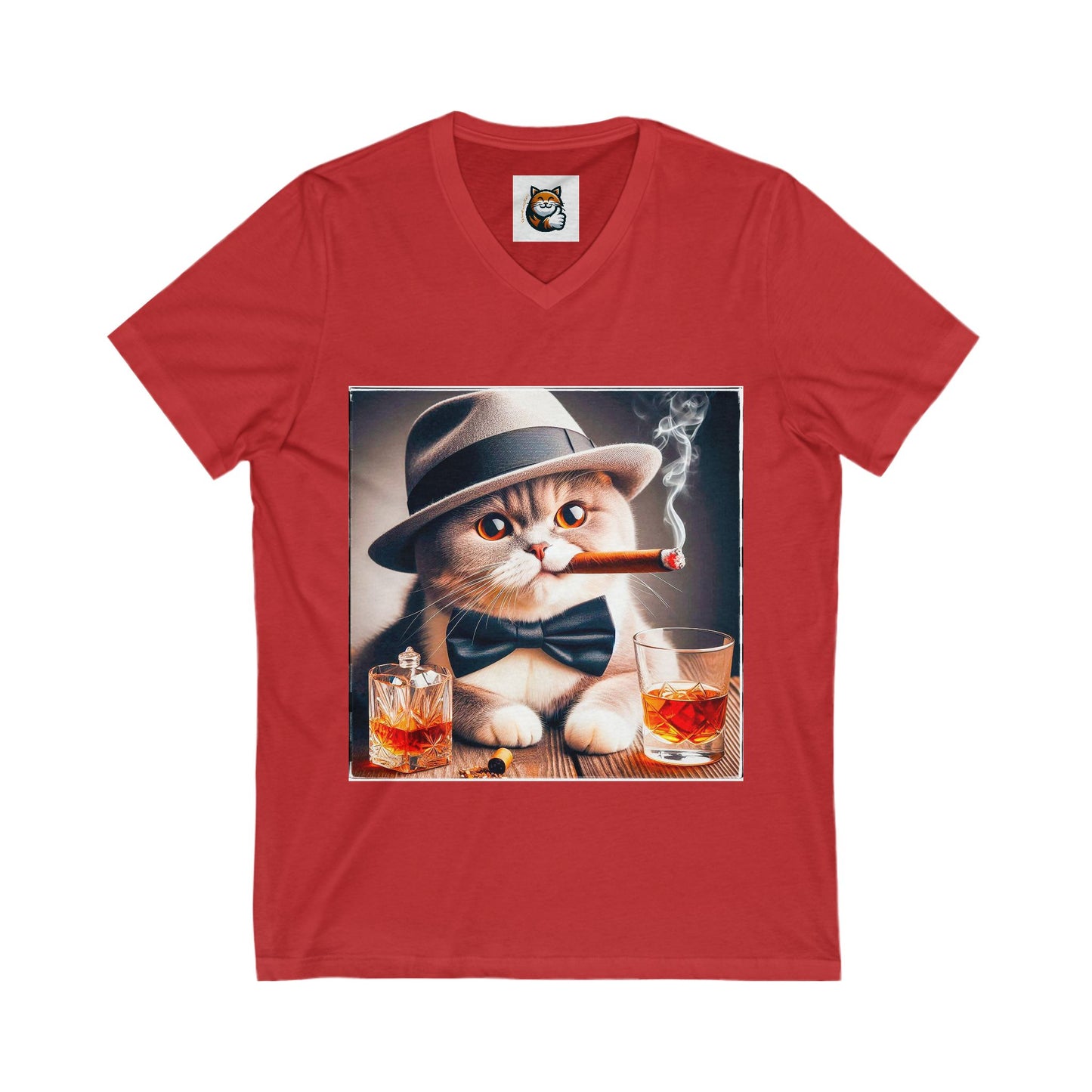 British Shorthair hat and bow tie Jersey Short Sleeve V-Neck Tee