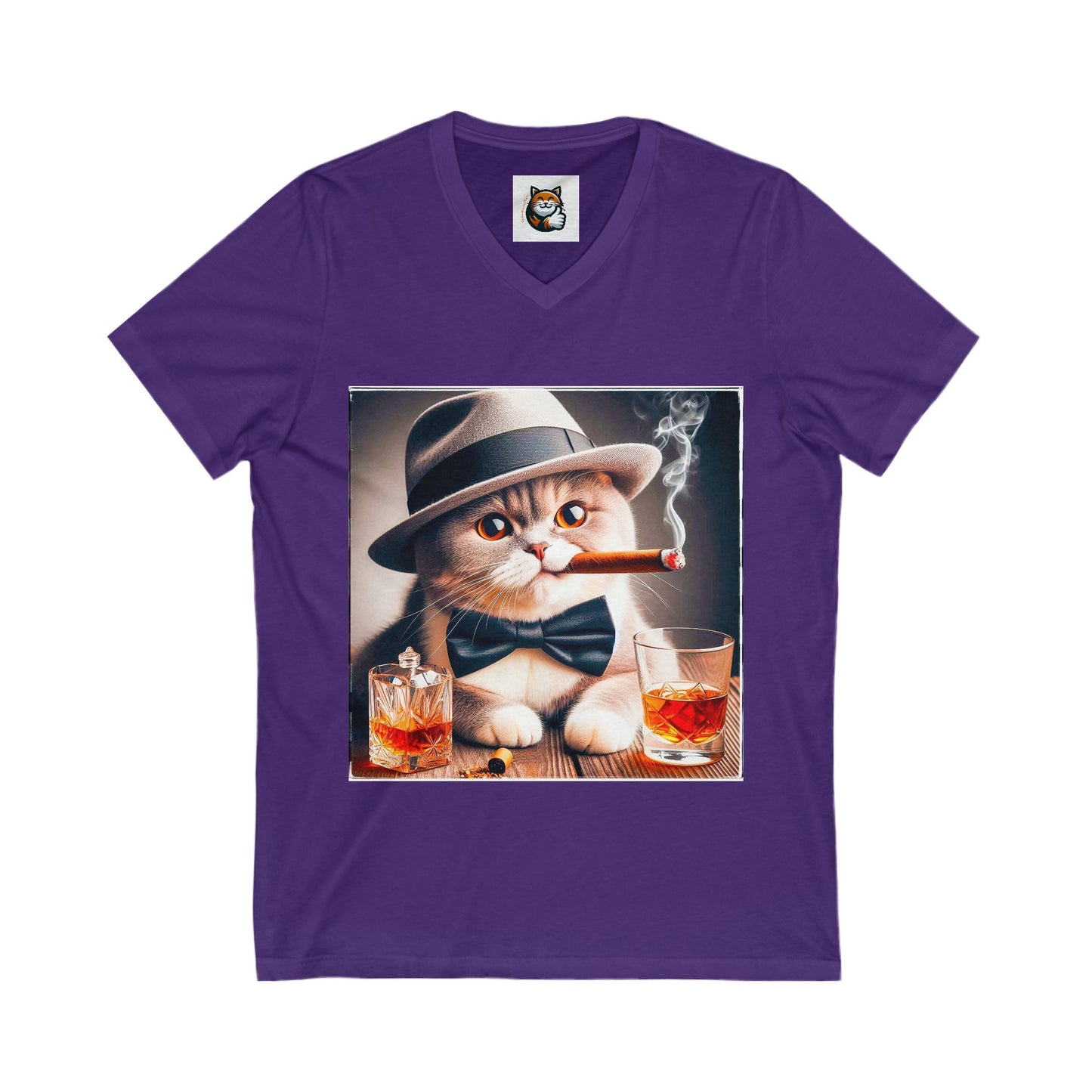 British Shorthair hat and bow tie Jersey Short Sleeve V-Neck Tee