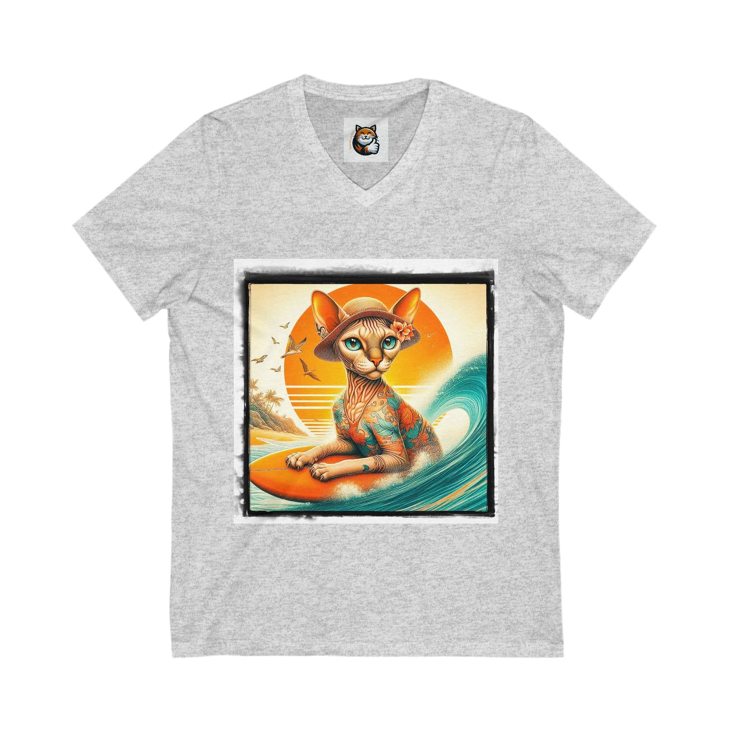 Devon Rex surfs up  Unisex Jersey Short Sleeve V-Neck Tee