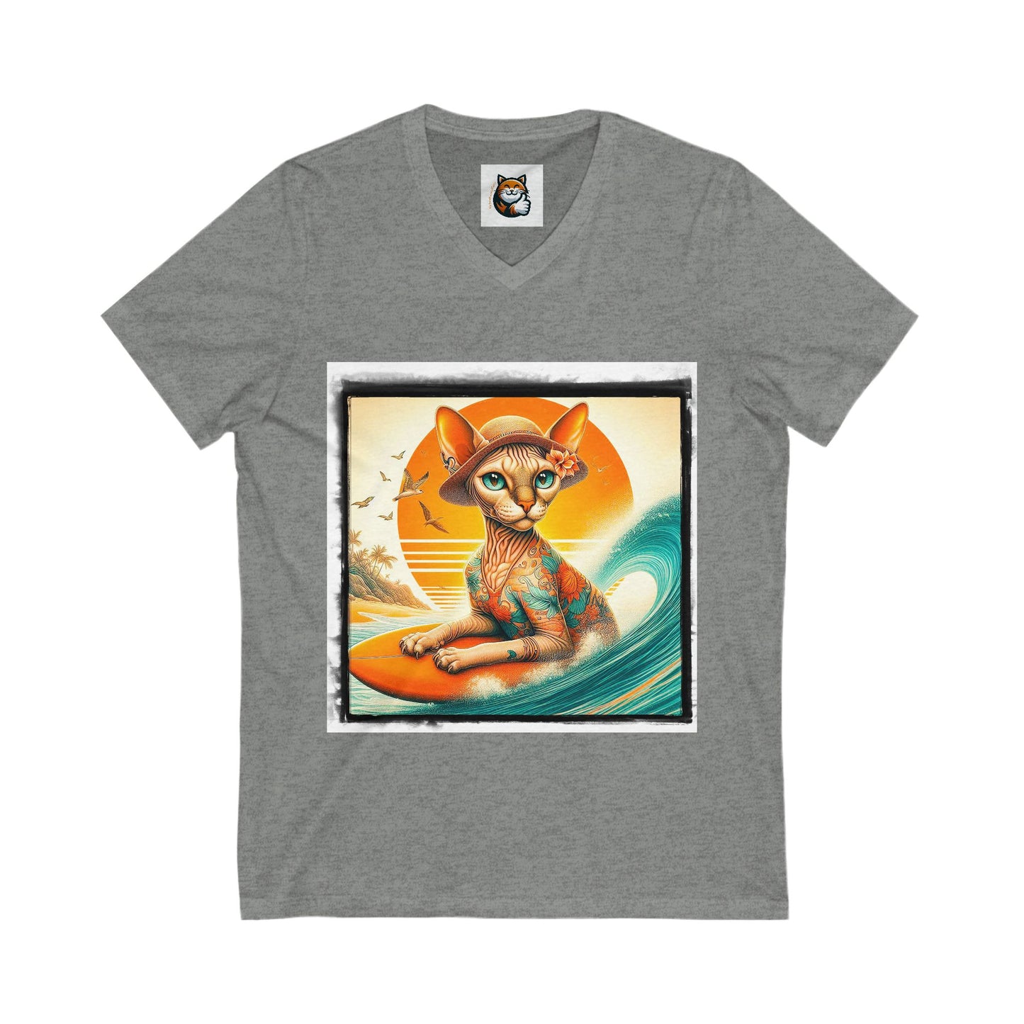Devon Rex surfs up  Unisex Jersey Short Sleeve V-Neck Tee
