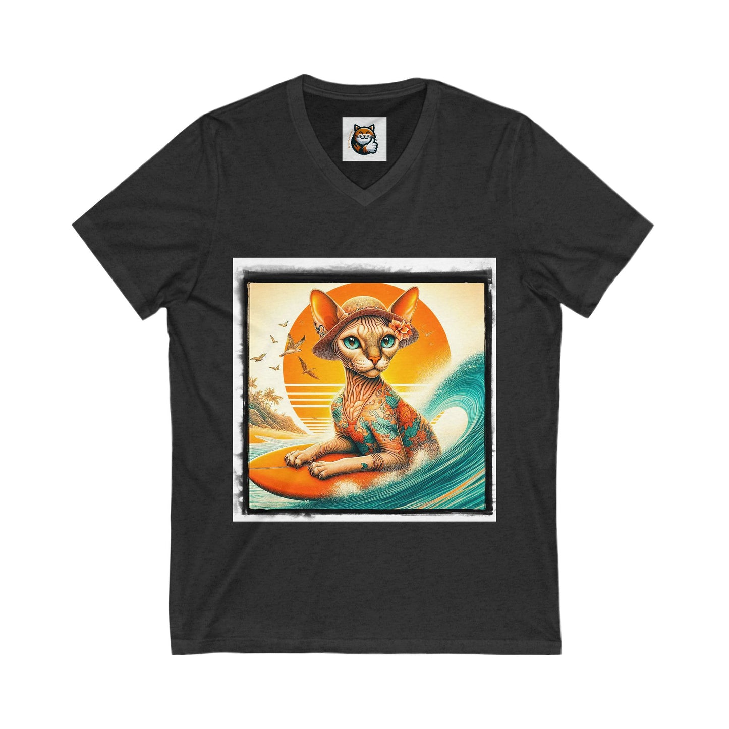 Devon Rex surfs up  Unisex Jersey Short Sleeve V-Neck Tee