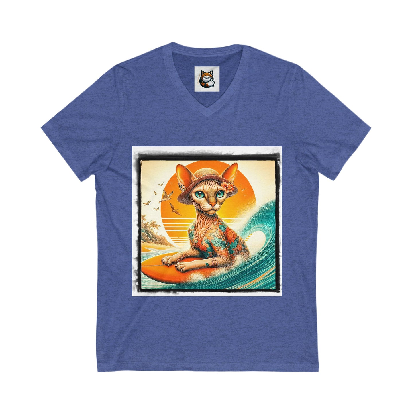 Devon Rex surfs up  Unisex Jersey Short Sleeve V-Neck Tee