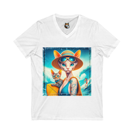 Devon Rex Cat summer Jersey Short Sleeve V-Neck Tee