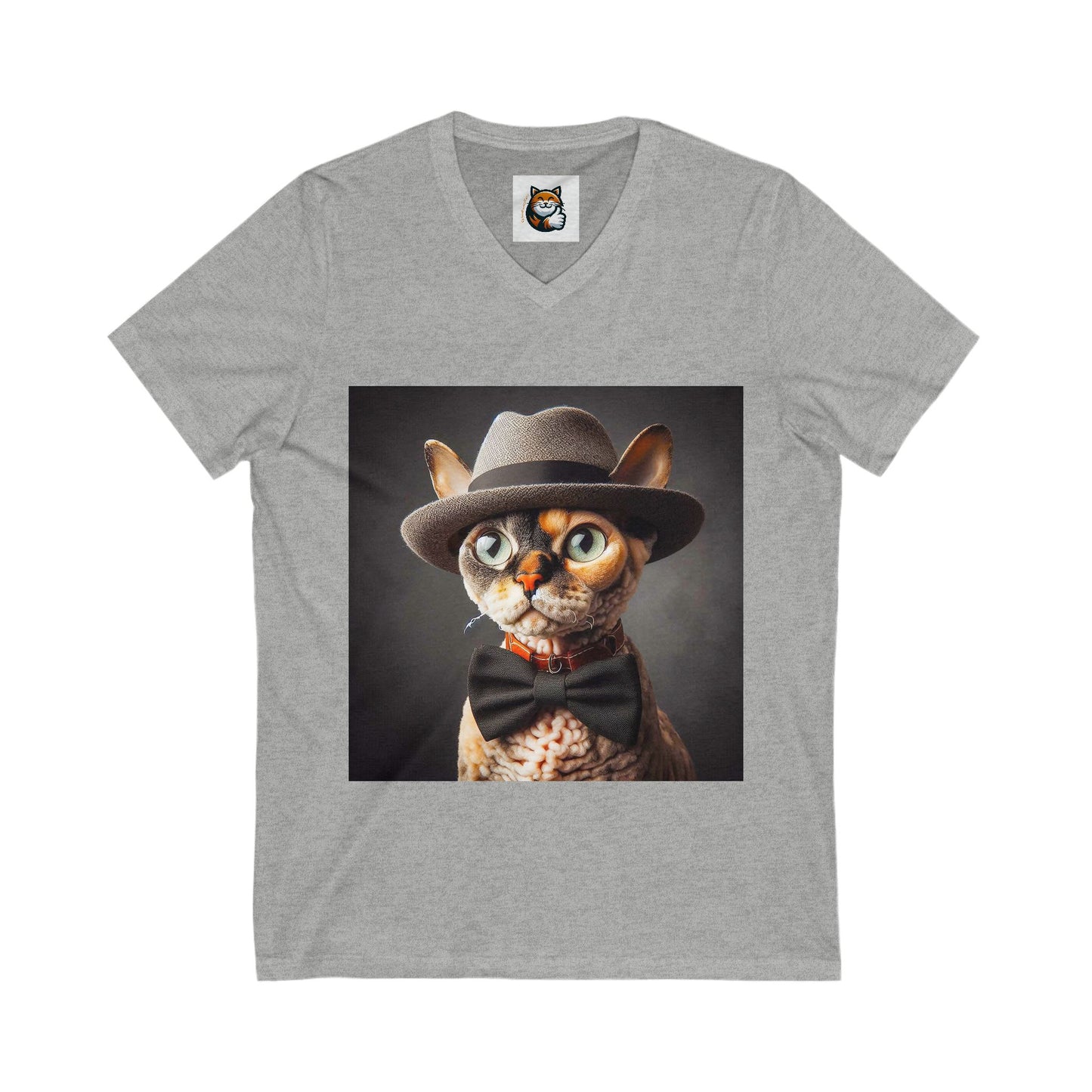 Devon Rex Cat hat and bow Jersey Short Sleeve V-Neck Tee