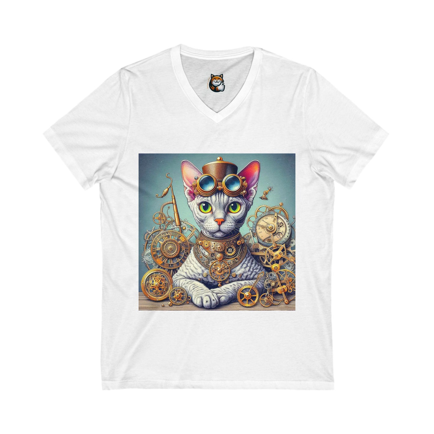 Devon Rex Cat steam punk Jersey Short Sleeve V-Neck Tee