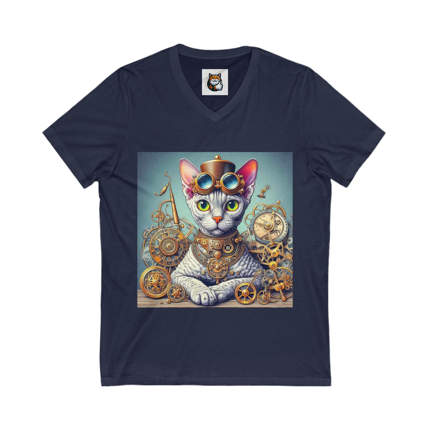 Devon Rex Cat steam punk Jersey Short Sleeve V-Neck Tee