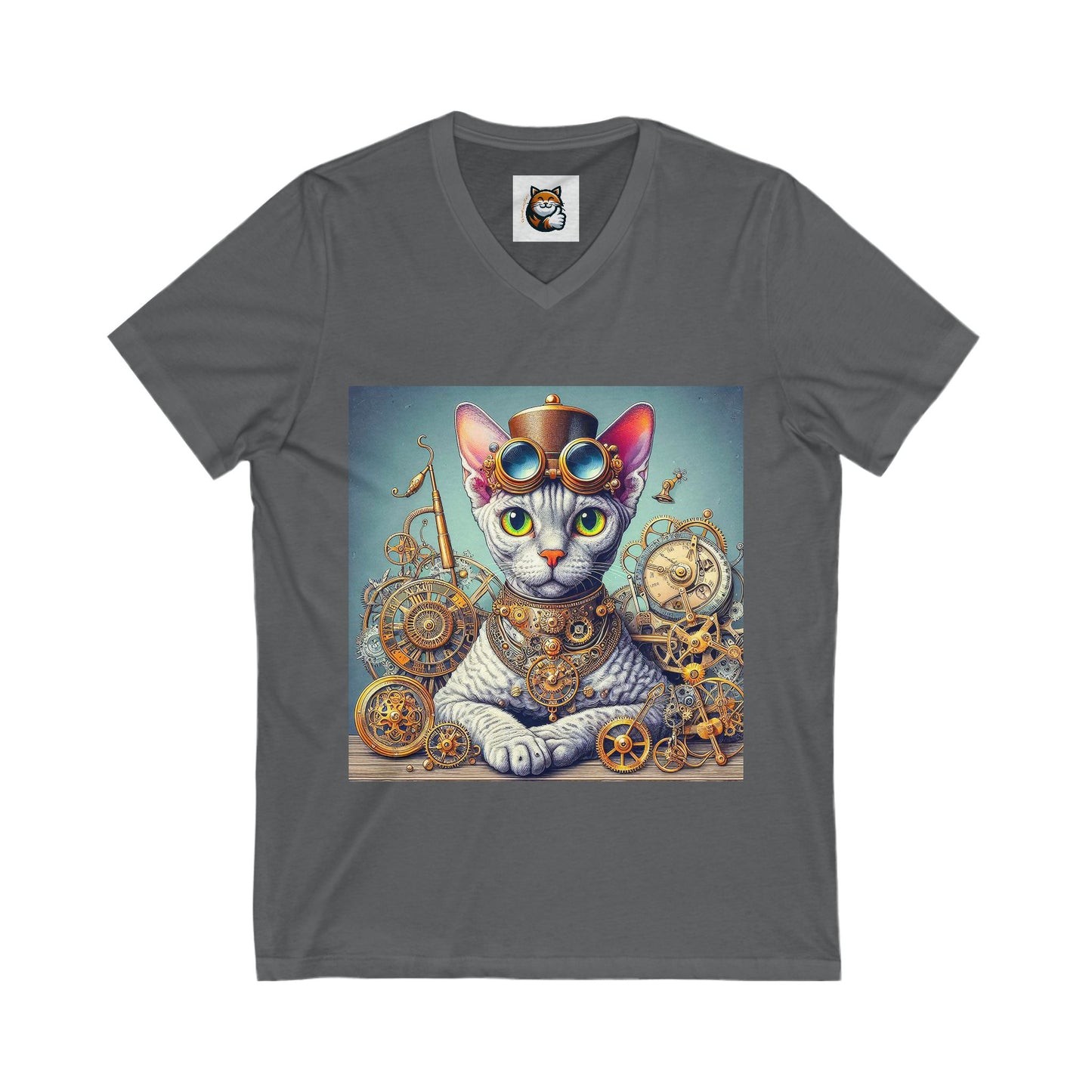 Devon Rex Cat steam punk Jersey Short Sleeve V-Neck Tee