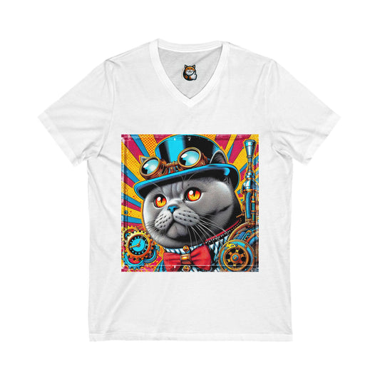 British Shorthair steam punk Jersey Short Sleeve V-Neck Tee