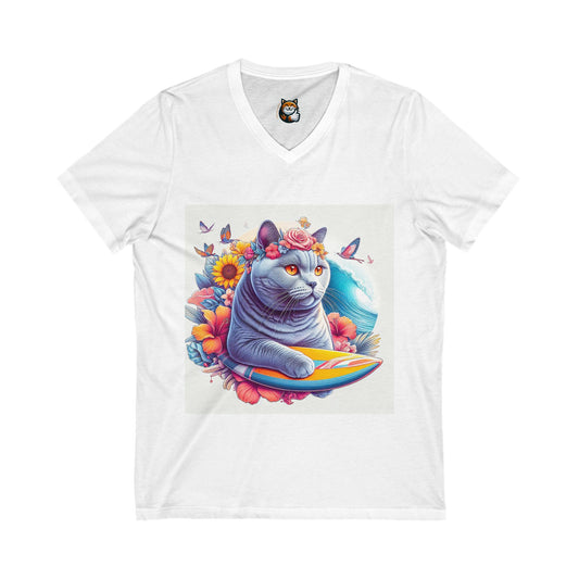 British Shorthair surfing   Jersey Short Sleeve V-Neck Tee