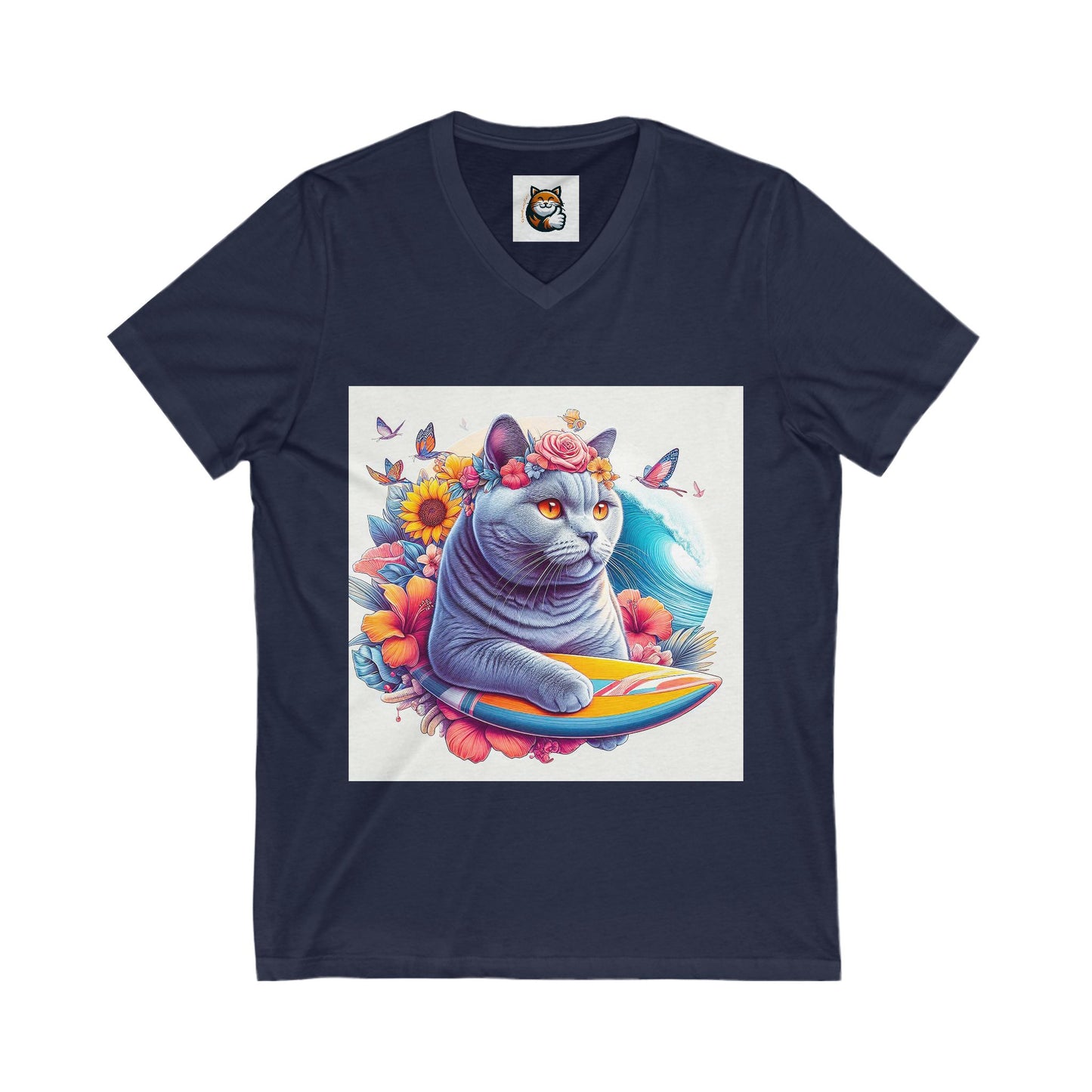 British Shorthair surfing   Jersey Short Sleeve V-Neck Tee