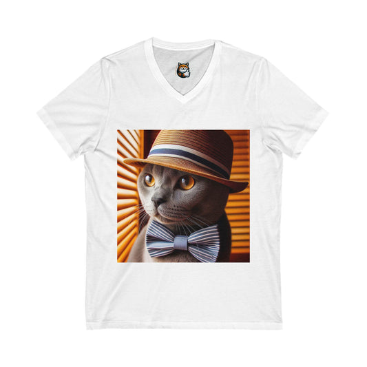 Russian Blue Cat top hat V-Neck Tee