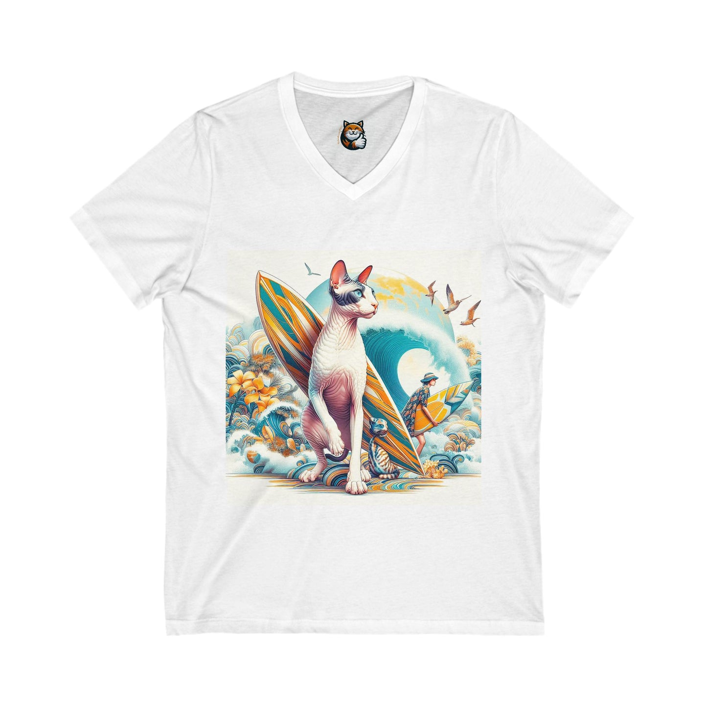 Cornish Rex Cat  surfing beauty Sleeve V-Neck Tee