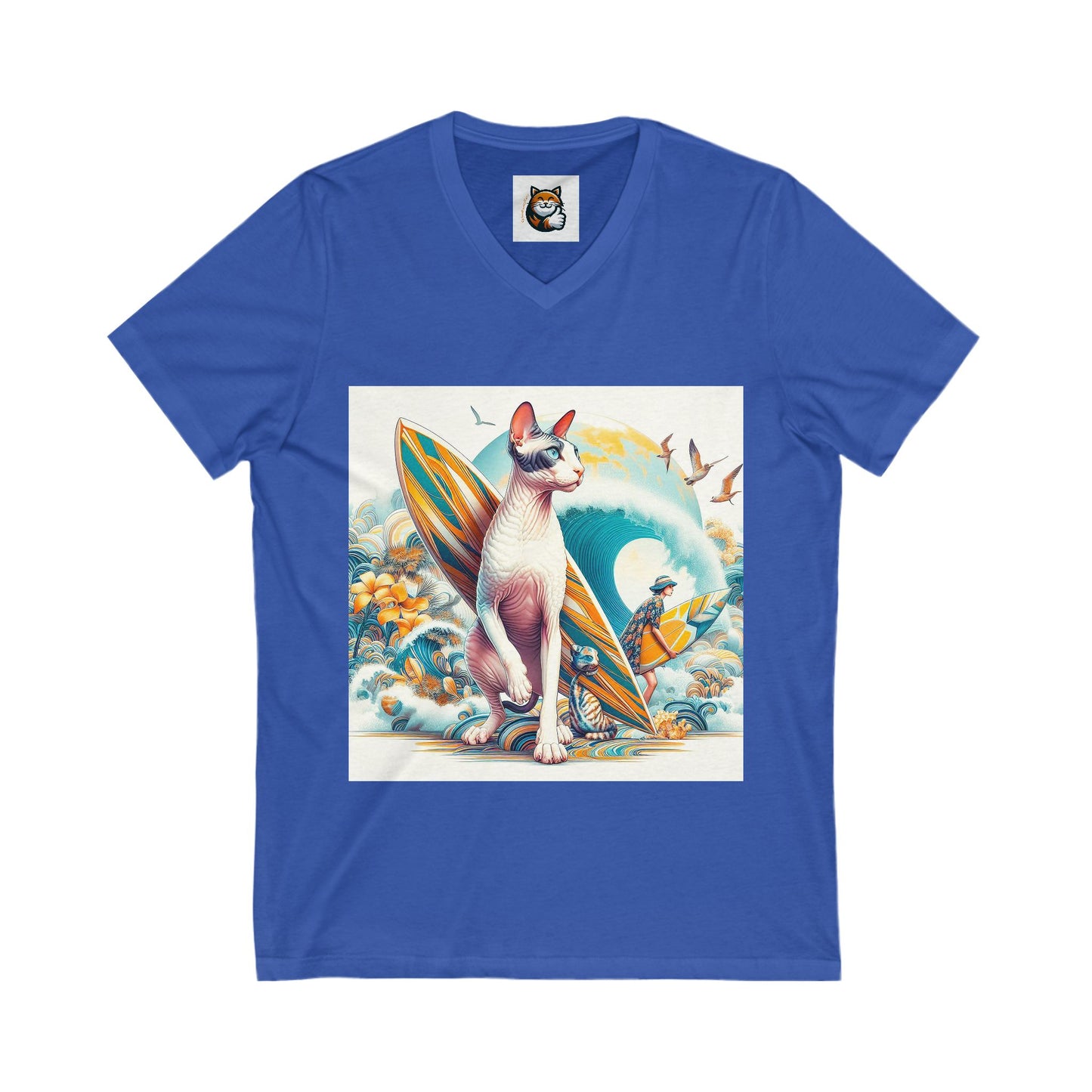 Cornish Rex Cat  surfing beauty Sleeve V-Neck Tee