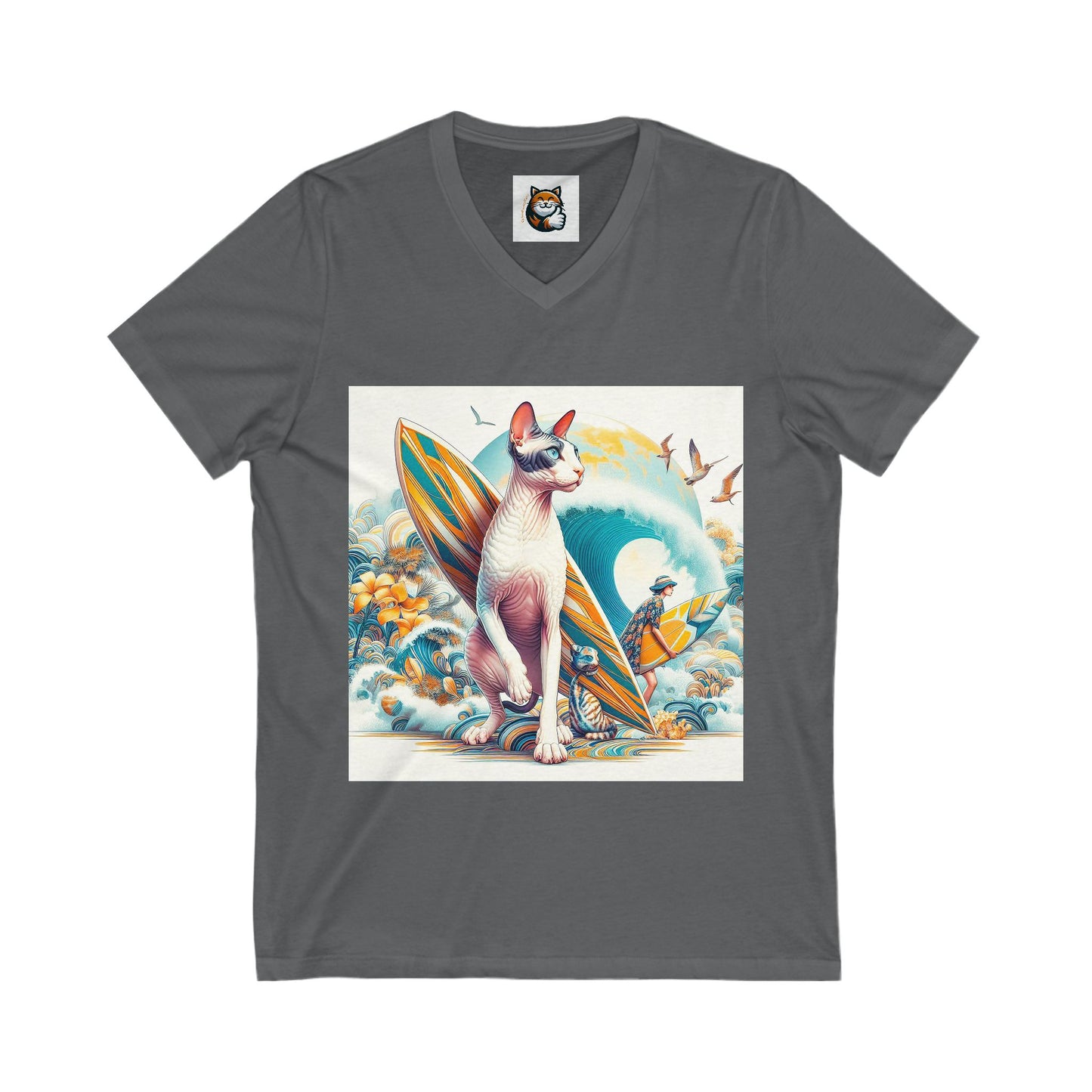 Cornish Rex Cat  surfing beauty Sleeve V-Neck Tee
