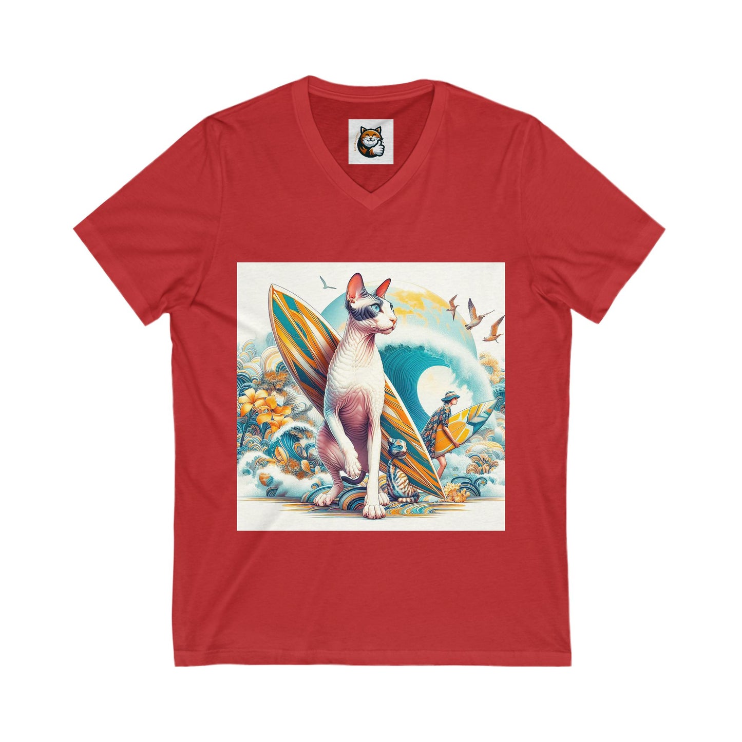 Cornish Rex Cat  surfing beauty Sleeve V-Neck Tee