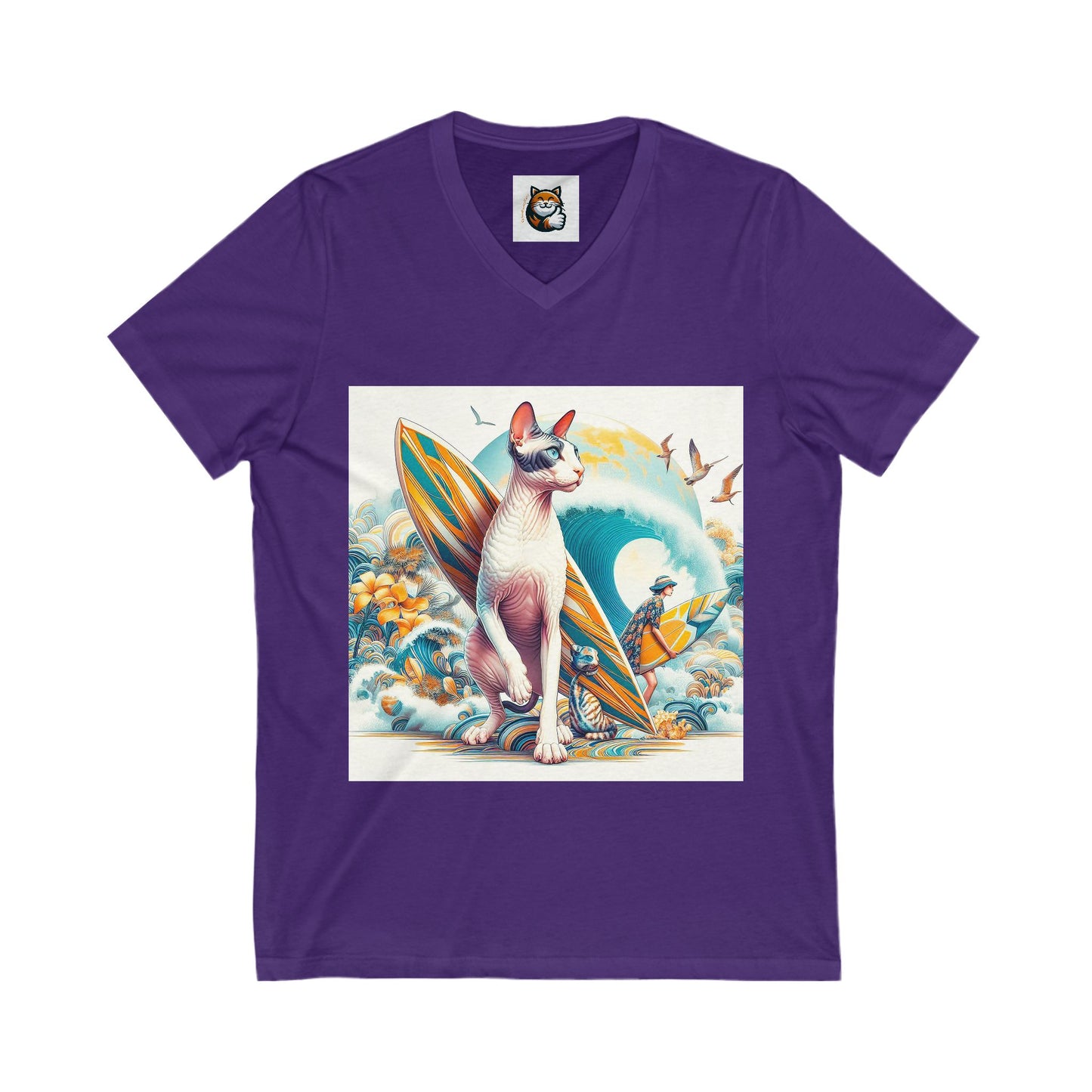 Cornish Rex Cat  surfing beauty Sleeve V-Neck Tee