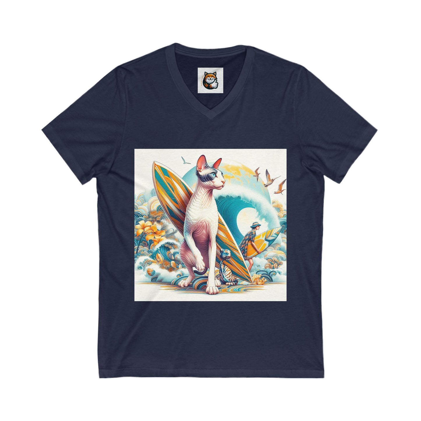 Cornish Rex Cat  surfing beauty Sleeve V-Neck Tee