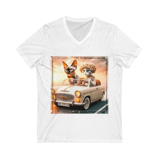 Wacky Devon Rex driving couple  Sleeve V-Neck Tee