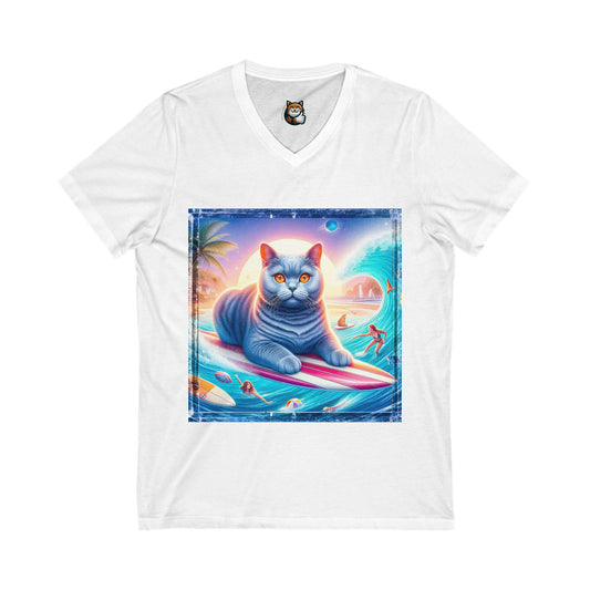 British Shorthair surfing cutie Unisex Jersey Short Sleeve V-Neck Tee