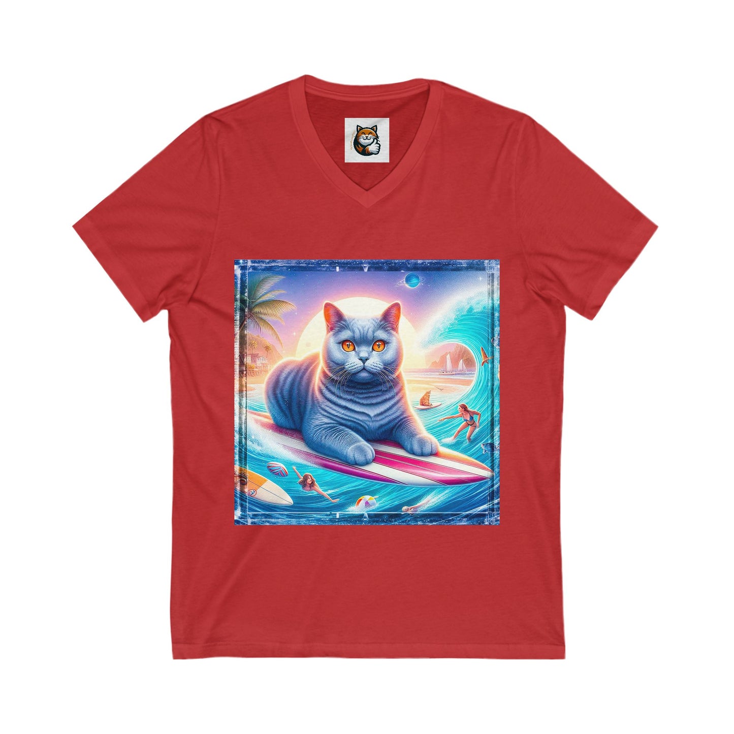 British Shorthair surfing cutie Unisex Jersey Short Sleeve V-Neck Tee