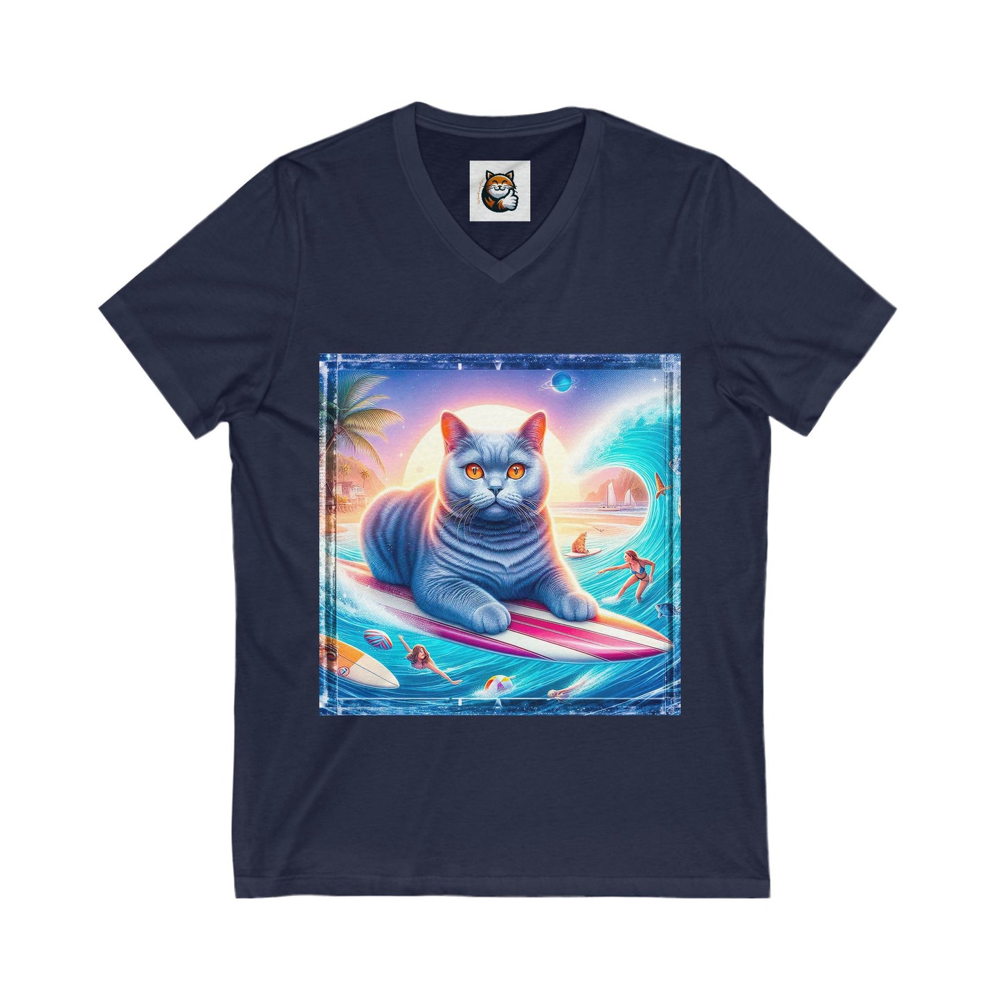 British Shorthair surfing cutie Unisex Jersey Short Sleeve V-Neck Tee