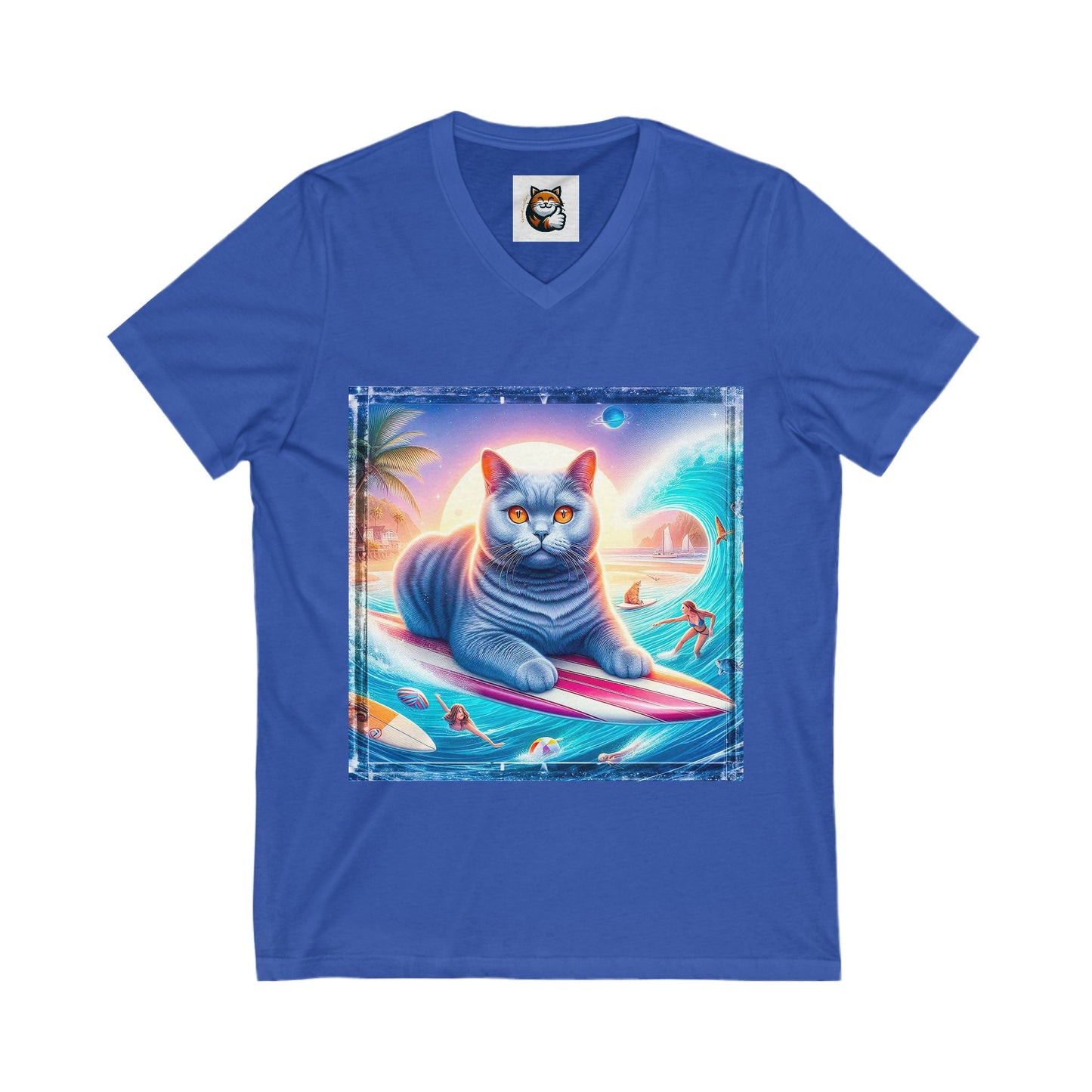 British Shorthair surfing cutie Unisex Jersey Short Sleeve V-Neck Tee