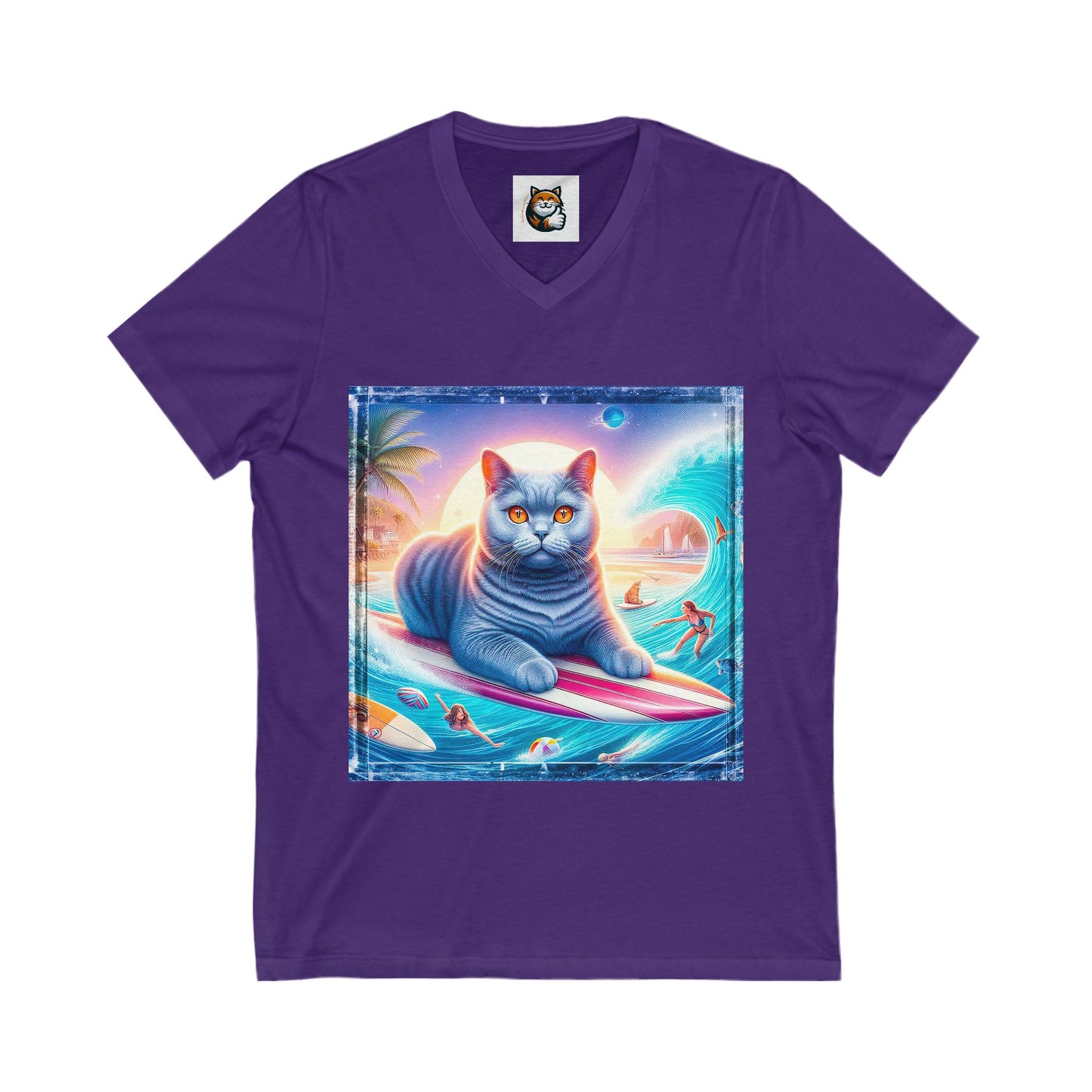British Shorthair surfing cutie Unisex Jersey Short Sleeve V-Neck Tee