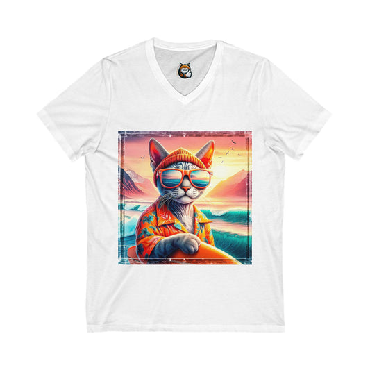 Devon Rex Cat sunny day Jersey Short Sleeve V-Neck Tee