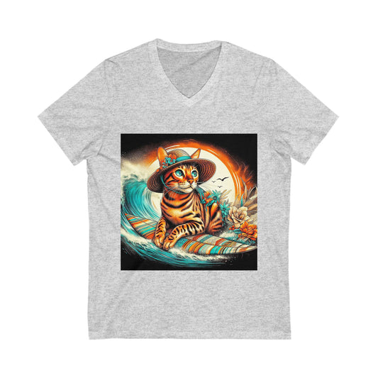 Bengal surfer kitty  Short Sleeve V-Neck Tee
