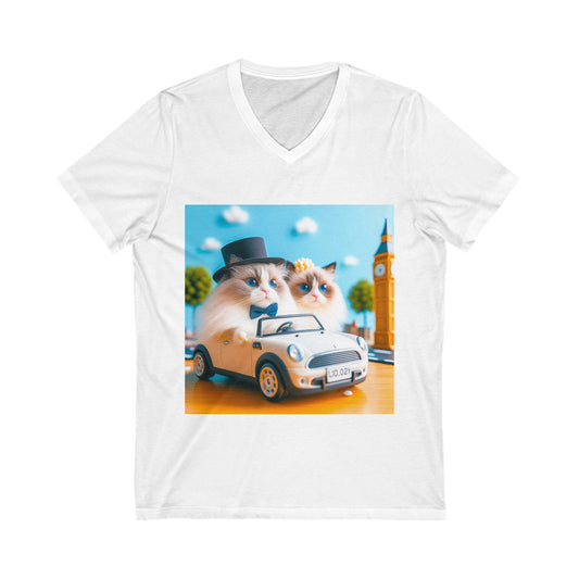 Wacky Ragdoll Cat friends driving Jersey Short Sleeve V-Neck Tee