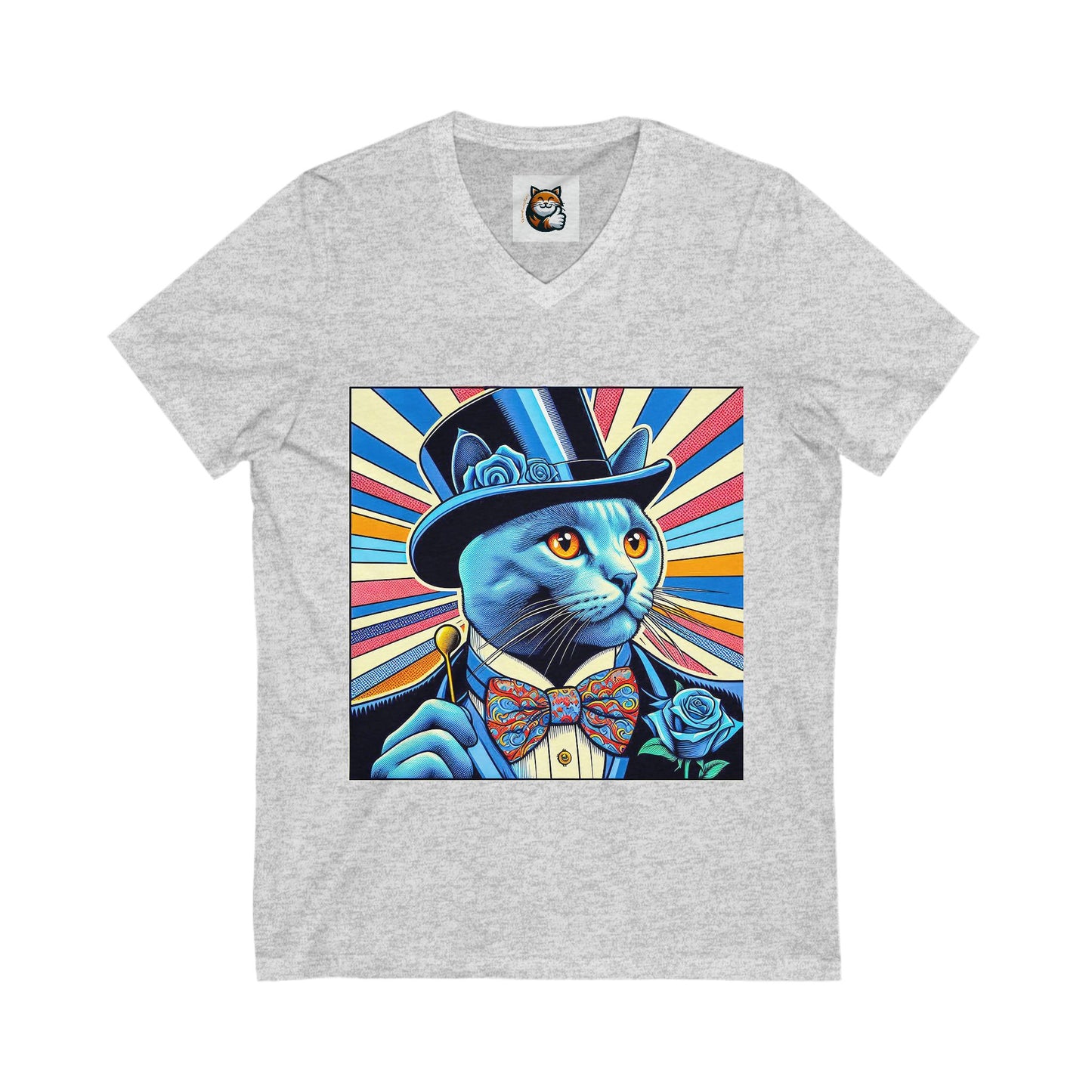 Russian Blue Cat top hat Cutie Short Sleeve V-Neck Tee