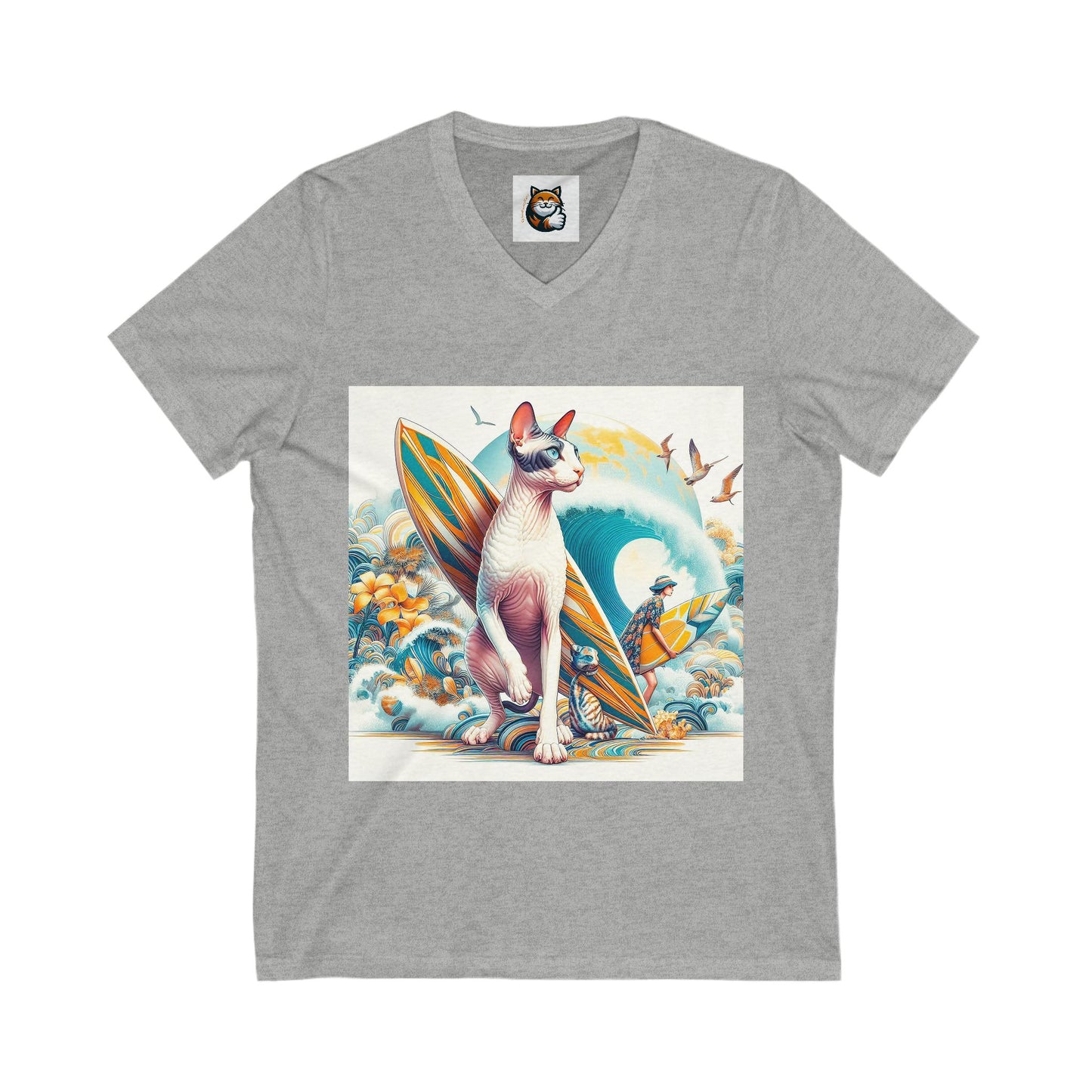 Cornish Rex Cat  surfing beauty Sleeve V-Neck Tee