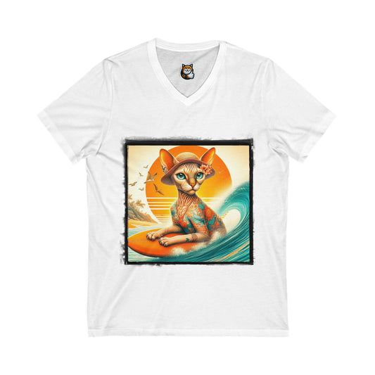 Devon Rex surfs up  Unisex Jersey Short Sleeve V-Neck Tee