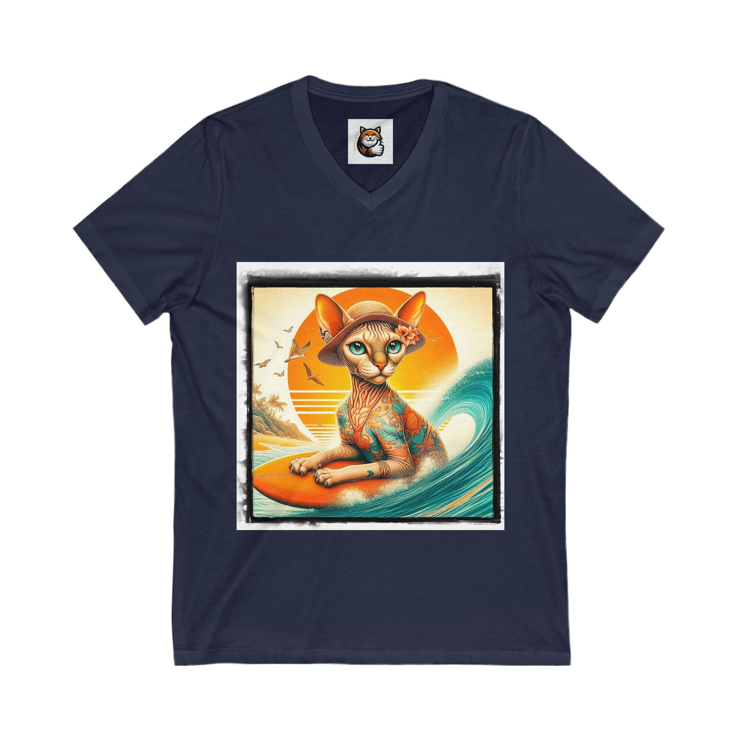 Devon Rex surfs up  Unisex Jersey Short Sleeve V-Neck Tee