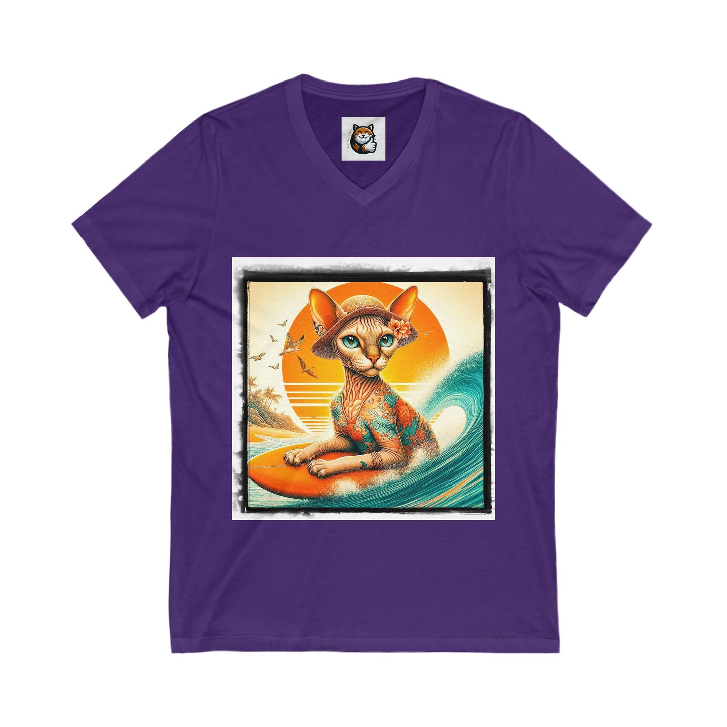 Devon Rex surfs up  Unisex Jersey Short Sleeve V-Neck Tee