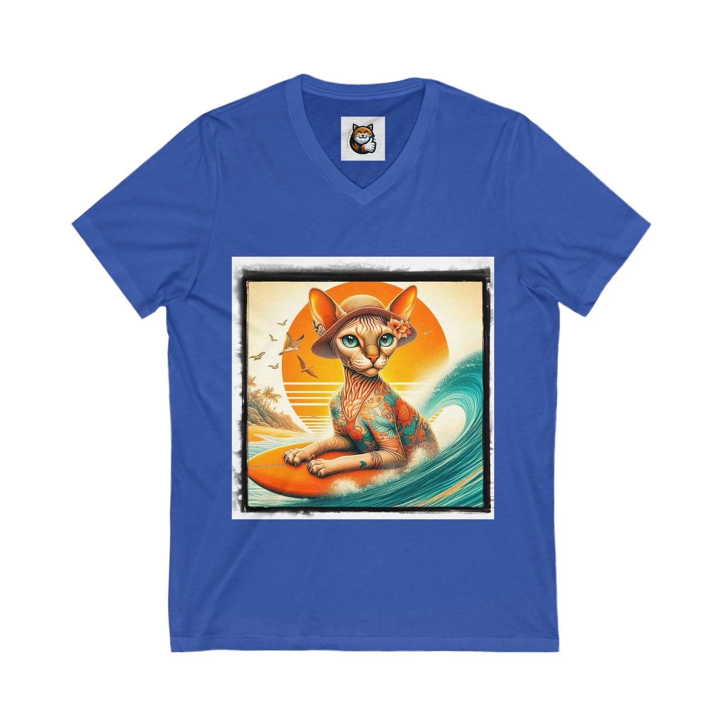 Devon Rex surfs up  Unisex Jersey Short Sleeve V-Neck Tee