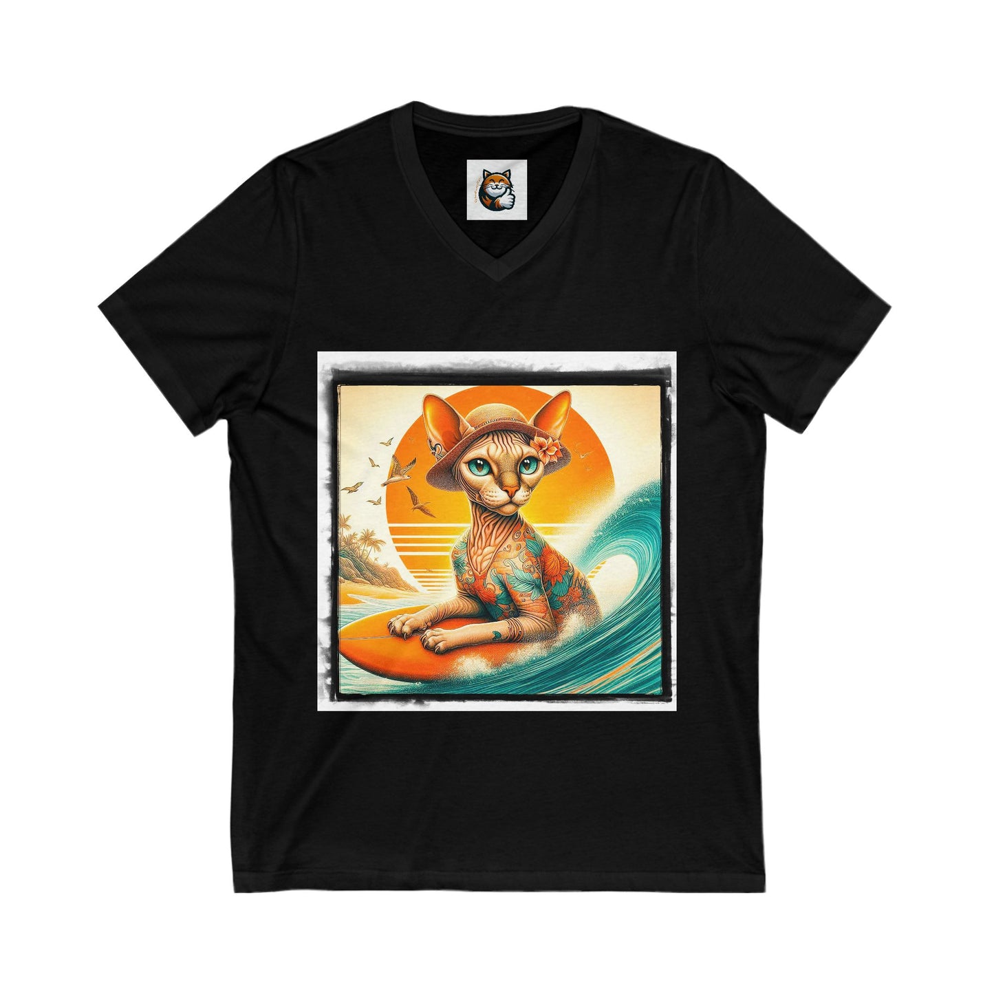 Devon Rex surfs up  Unisex Jersey Short Sleeve V-Neck Tee