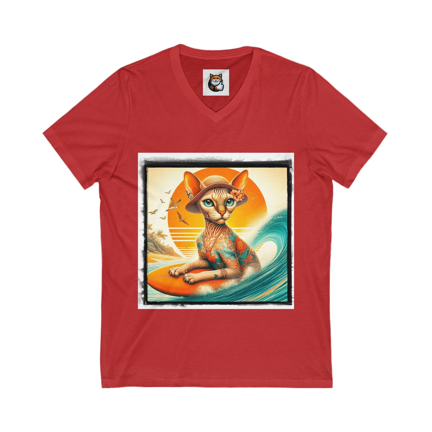 Devon Rex surfs up  Unisex Jersey Short Sleeve V-Neck Tee