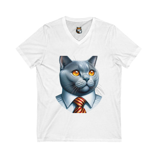 Russian Blue Cat business professor Jersey Short Sleeve V-Neck Tee