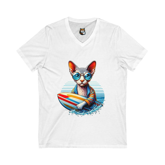 Devon Rex surfing dude Unisex Jersey Short Sleeve V-Neck Tee