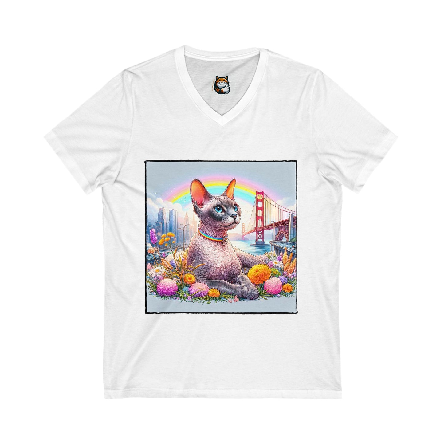 Devon Rex Cat rainbow  Jersey Short Sleeve V-Neck Tee