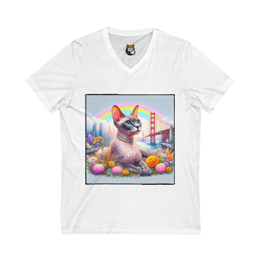 Devon Rex Cat rainbow  Jersey Short Sleeve V-Neck Tee