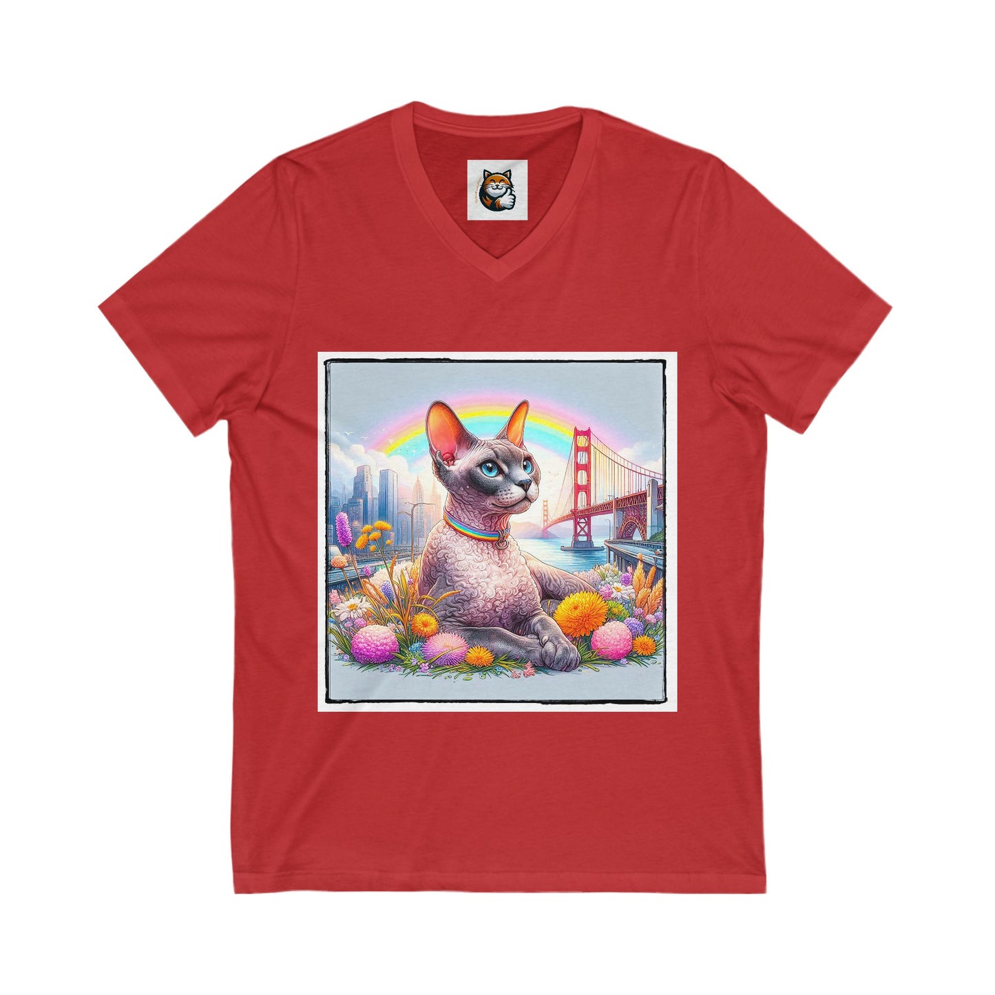 Devon Rex Cat rainbow  Jersey Short Sleeve V-Neck Tee