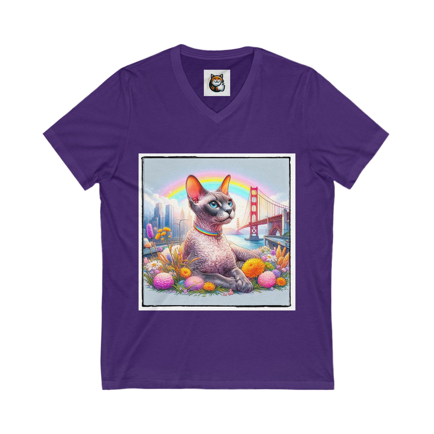 Devon Rex Cat rainbow  Jersey Short Sleeve V-Neck Tee